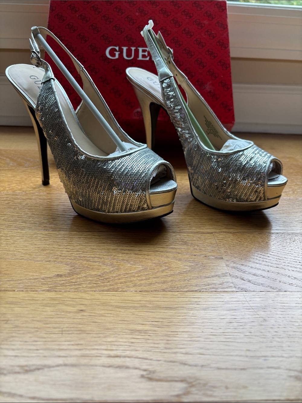 GUESS Silver Sequin Peep-Toe Slingback Platform Heels